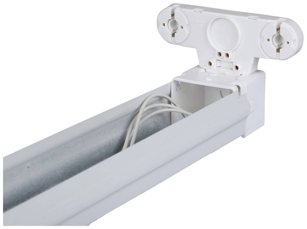 Lamp met open behuizing, zichtbare kabels en fitting voor tl-buizen, tegen een witte achtergrond.