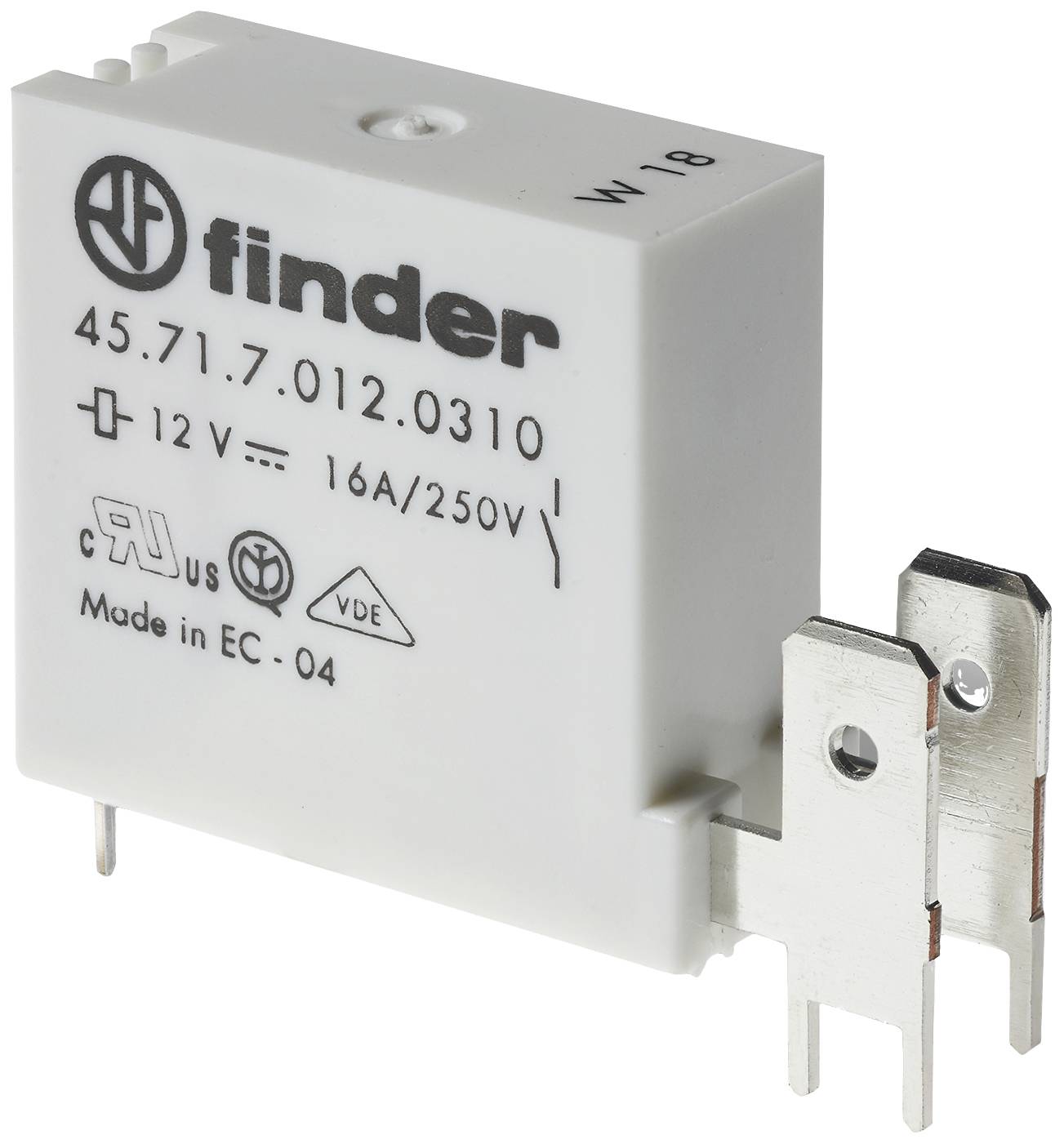 Witte relaisbox met aansluitingen aan de zijkant. Opschrift toont model '45.71.7.012.0310', spanning '12V', stroom '16A/250V'.