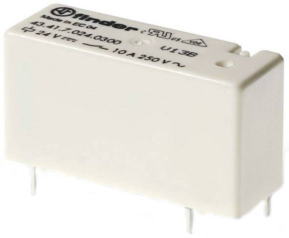Een wit relais met het opschrift 'Finder' en technische specificaties: 24V, 10A, 250V~. Het heeft vier aansluitpinnen onderaan.