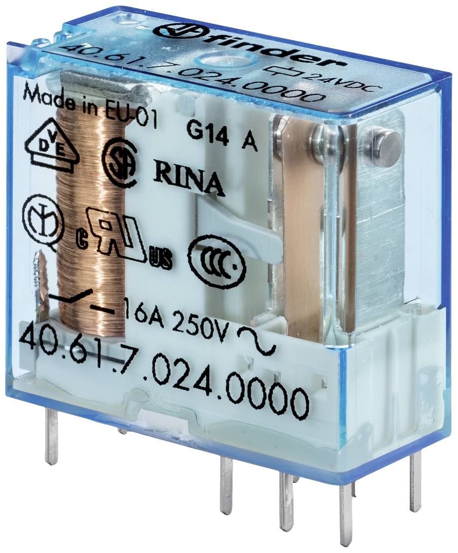 'Relais Finder 40.61 met transparante blauwe behuizing, toont spoel en contacten. Geschikt voor 16A, 250V toepassingen.'