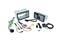 Auto-multimedia-installatiesets met behuizing, scherm en kabels voor audio- en videaansluitingen. Bevat RCA- en stroomkabels.