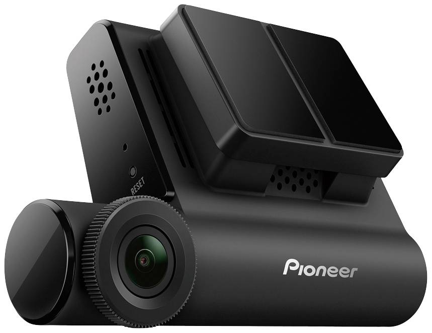 Zwarte Pioneer dashcam met lens en ventilatiesleuven; geschikt voor bevestiging aan de voorruit van voertuigen.