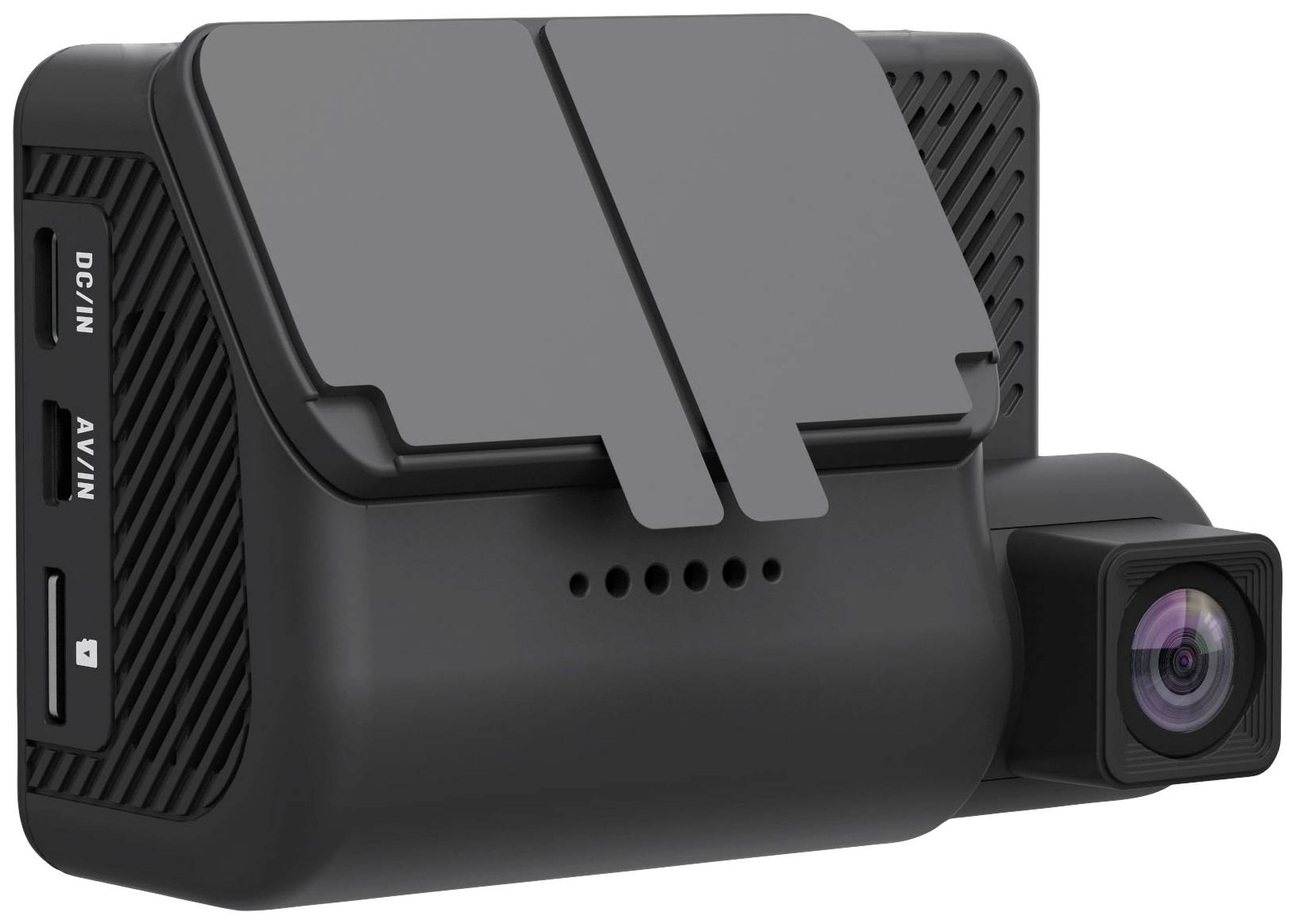 Zwarte dashcam met een compact ontwerp. Zijdelingse aansluitingen voor DC-IN en AV-IN. Lenseenheid rechts.