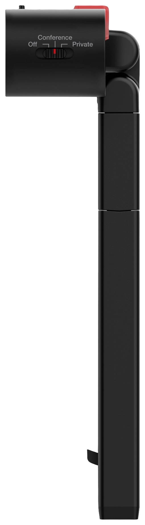 Een zwarte webcam-afdekking met schuifmechanisme en de markeringen 'Conference', 'Off' en 'Private' voor privacycontrole.