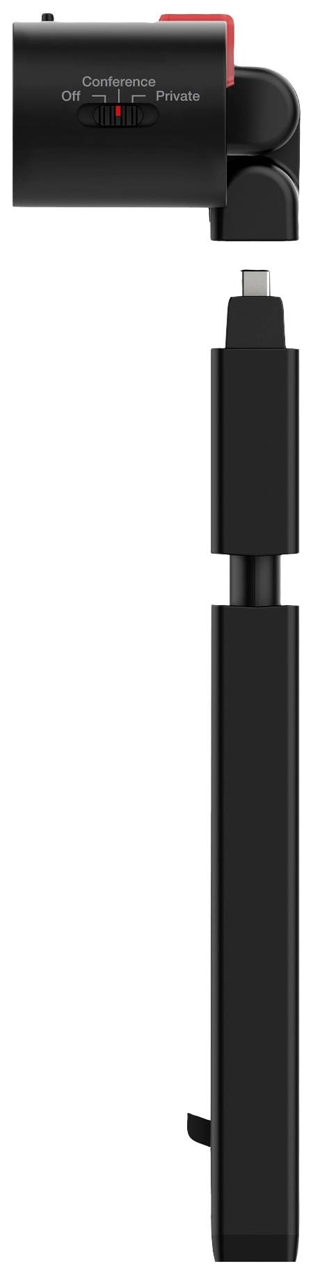 Zwarte USB-C-stick met rode schakelaar en opschrift 'Conference On/Off Private'.