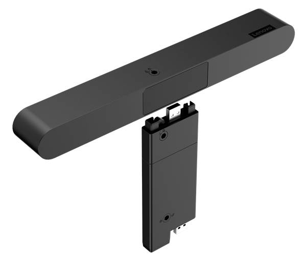 Een zwarte, langwerpige webcam met een afneembaar onderdeel eronder, die een slanke en compacte constructie laat zien.