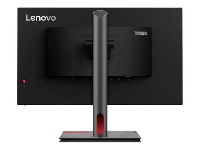 Achteraanzicht van een Lenovo ThinkVision-monitor, toont de stevige standaard en het strakke zwarte design van het apparaat.