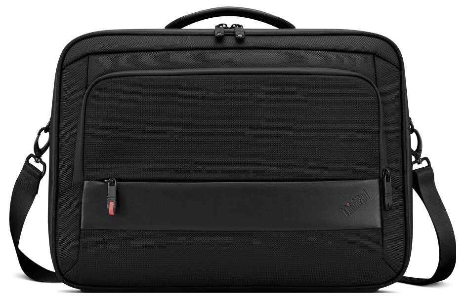 Zwarte laptoptas met handgreep en schouderband, voorvak met rits.