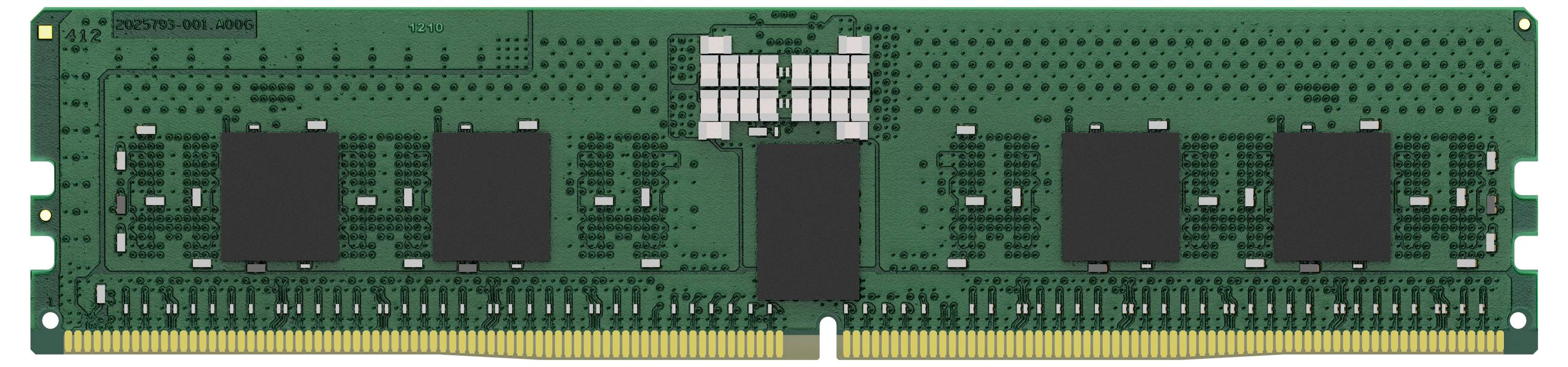 'Groene RAM-geheugenskaart met meerdere zwarte chips en gouden aansluitingen aan de onderkant, die wordt gebruikt in computersystemen.'