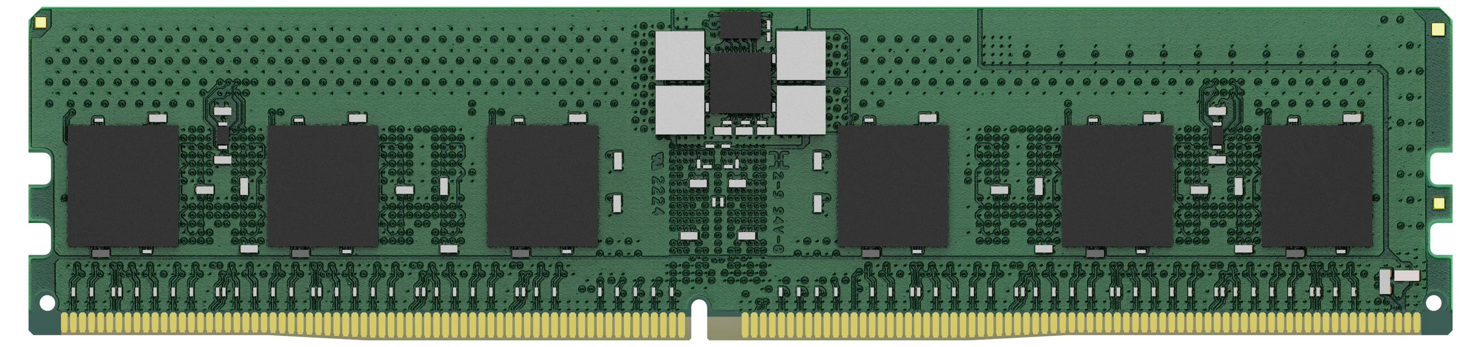 Groene RAM-geheugenchip met meerdere zwarte geheugenbankjes.