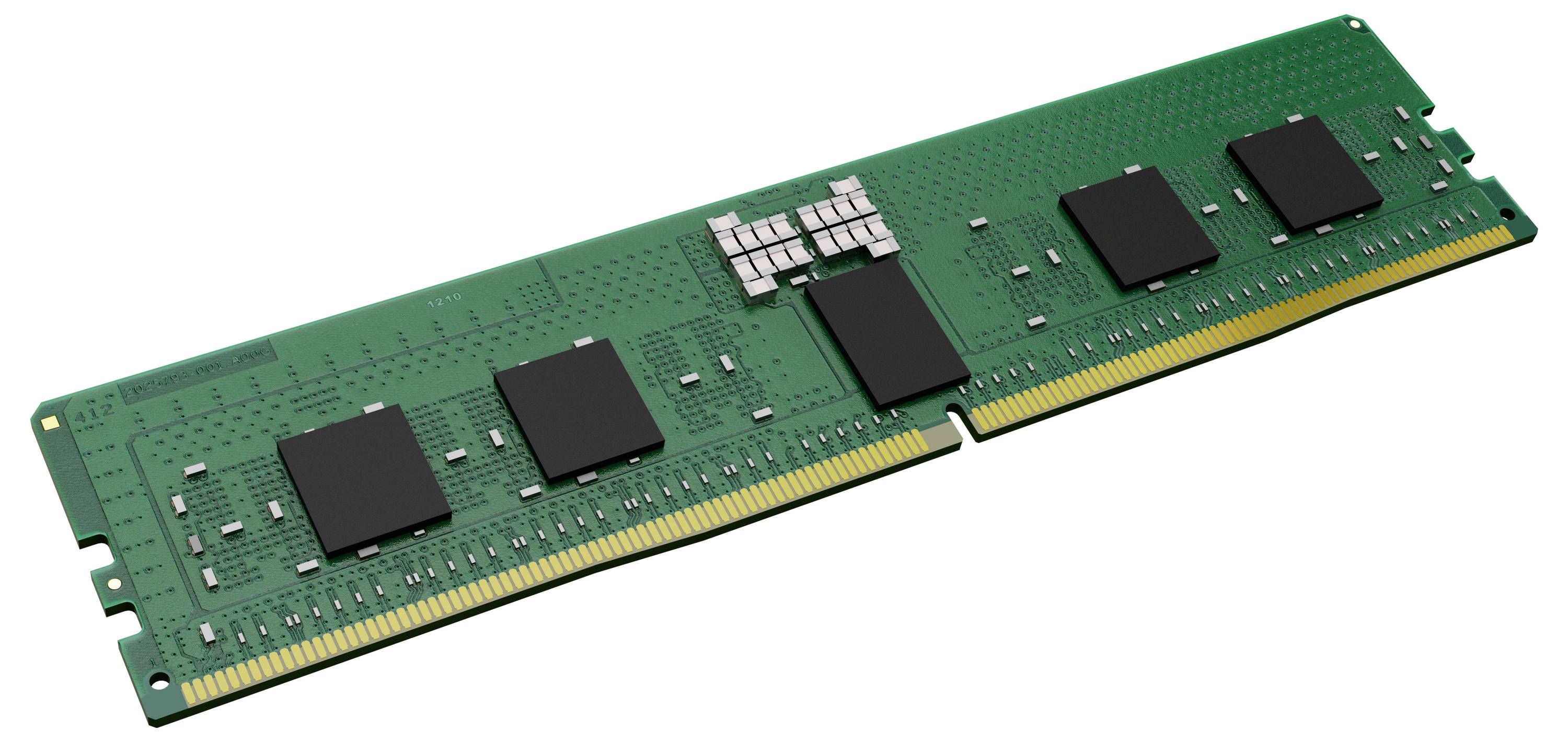 Een groene RAM-geheugenchip met meerdere zwarte geheugenelementen en gouden contactaansluitingen, typisch voor computerhard­ware.