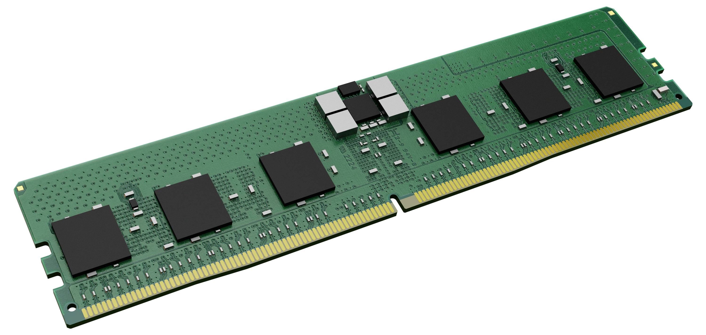Een groene RAM-module met zwarte chips en gouden contactpennen. Essentiële hardwarecomponent voor computers.