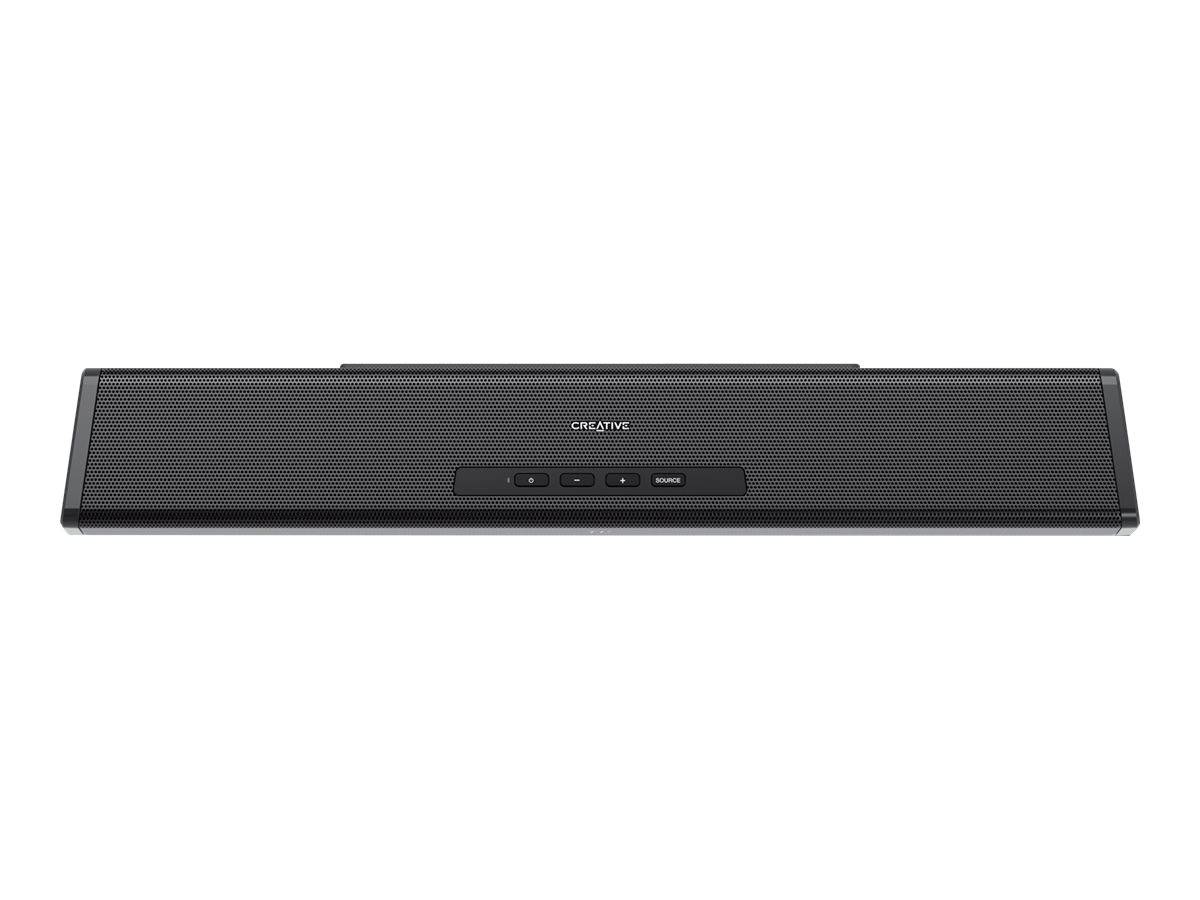 Zwarte soundbar met drie bedieningsknoppen aan de voorkant.