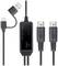 USB-naar-MIDI-kabel met USB-A- en USB-C-aansluitingen, display-eenheid en twee MIDI-poorten gemarkeerd met 'IN' en 'OUT'.