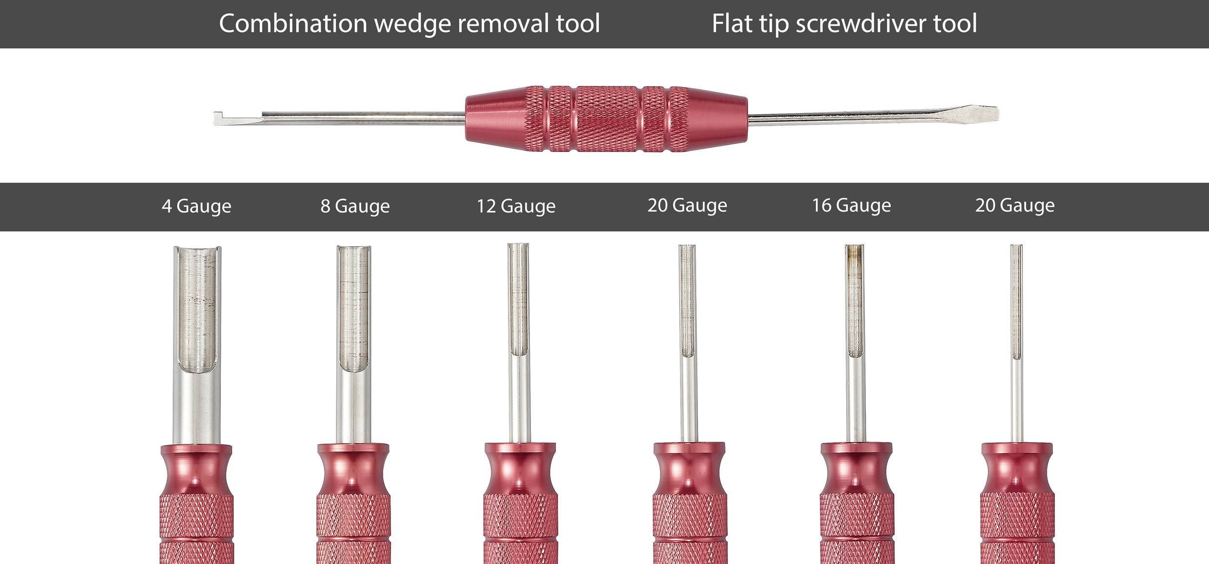 Combinatiegereedschap en platte schroevendraaier bovenaan; zes rode schroevendraaiers met verschillende sterktes onderaan: 4, 8, 12, 20, 16, 20 Gauge.