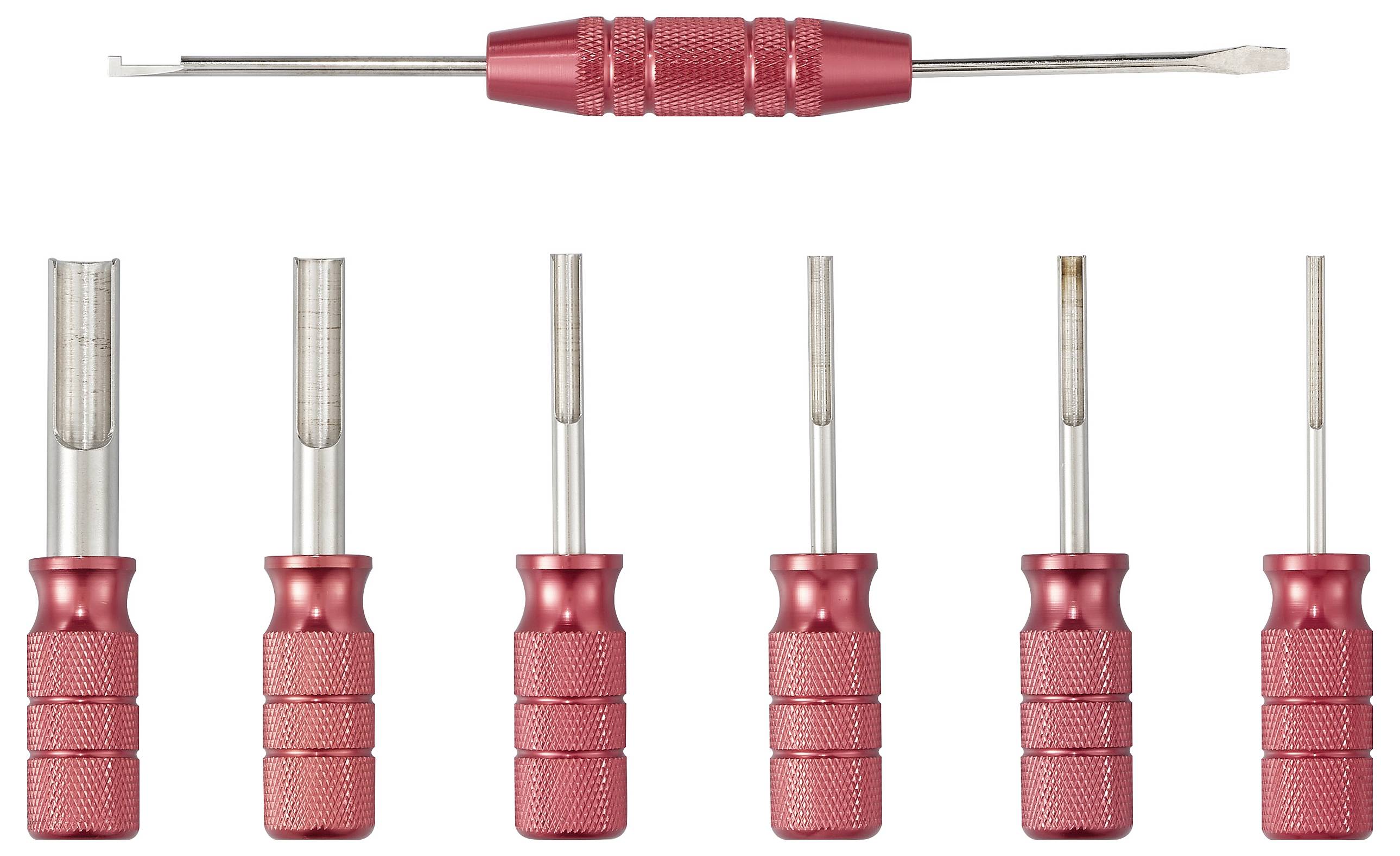 Een set van zeven rode metalen gereedschappen met verschillende punten, waaronder een langwerpig gereedschap bovenaan en zes kortere onderaan.
