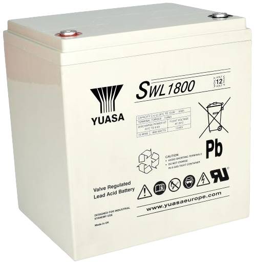 Loodaccu met etiket 'YUASA SWL1800'. Wit behuizing, symbolen voor recycling en voorzorgsmaatregelen.