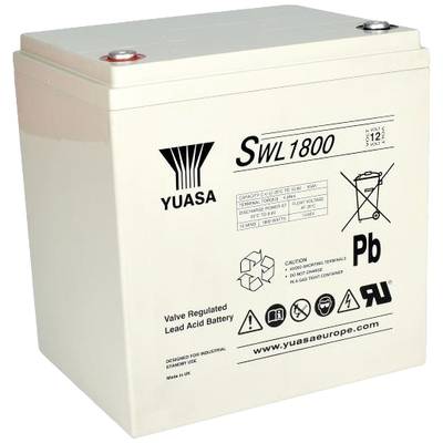 Loodaccu met etiket 'YUASA SWL1800'. Wit behuizing, symbolen voor recycling en voorzorgsmaatregelen.