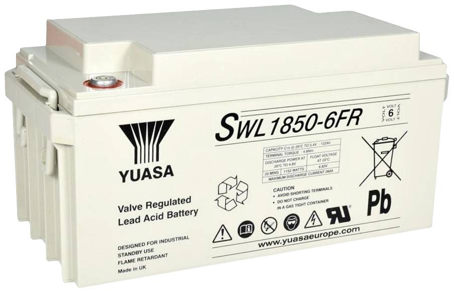 Yuasa lood-zuur accu, model SWL1850-6FR, voor industrieel gebruik. Etiket toont voorzorgsmaatregelen en recycling symbolen.