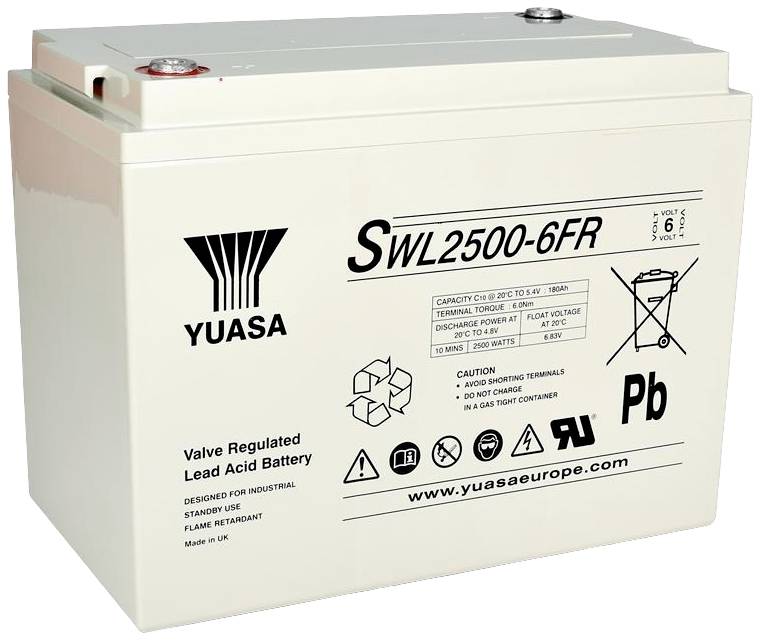 Yuasa loodaccu met technische specificaties: capaciteit 2500, spanning 6V, C20 bij 25°C, loodvrij en vlamvertragend.