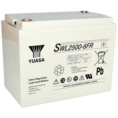 Yuasa loodaccu met technische specificaties: capaciteit 2500, spanning 6V, C20 bij 25°C, loodvrij en vlamvertragend.
