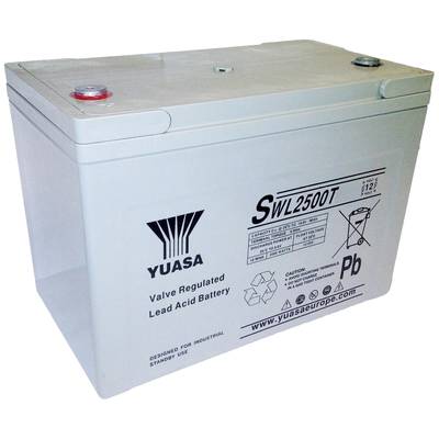 Een grijze, rechthoekige, ventielgereguleerde loodaccu van het merk YUASA, model SWL2500T, voorzien van capaciteits- en veiligheidsinstructies.
