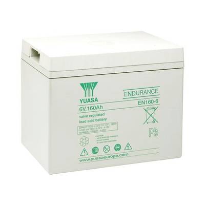 Een witte Yuasa loodzuur-accu, model Endurance 6V 160Ah, met groene opdruk en waarschuwingssymbolen.
