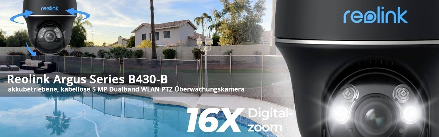 Bewakingscamera nabij een zwembad, aangekondigd met '16x digitale zoom', model 'Reolink Argus Series B430-B'.