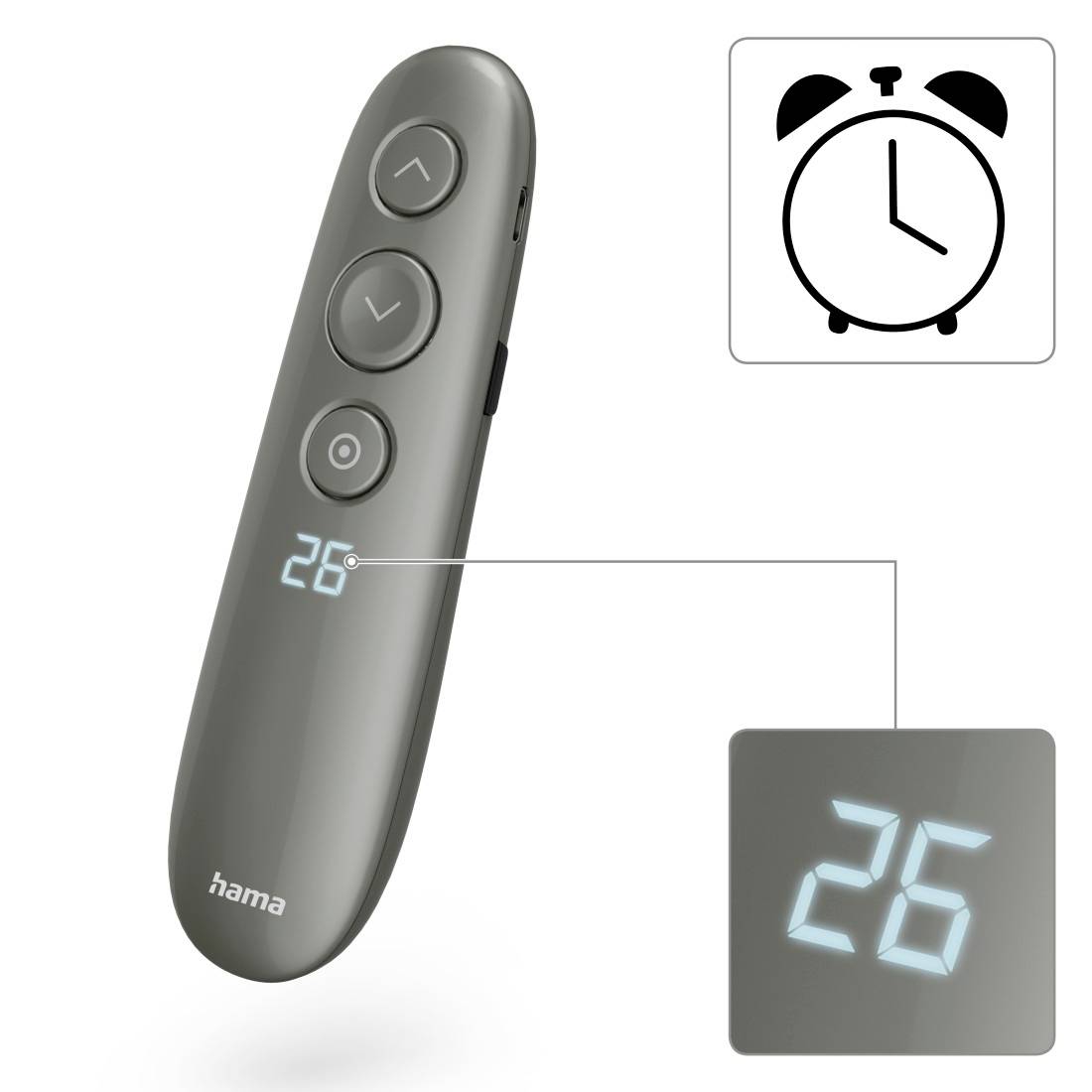 Een grijze afstandsbediening met een digitaal display toont '26'. Drie knoppen zijn zichtbaar: een pijl omhoog, een pijl omlaag, en een andere knop. Een wekker-symbool is ook afgebeeld.
