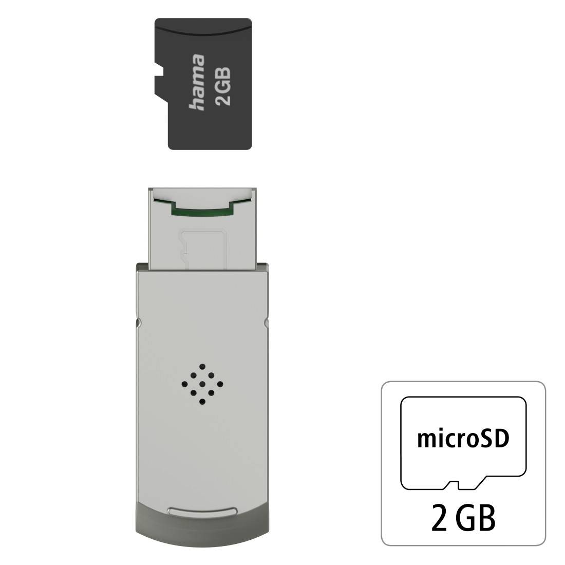 Een microSD-kaart van 2 GB met USB-adapter van Hama. De adapter maakt het gebruik van de kaart in USB-poorten mogelijk.