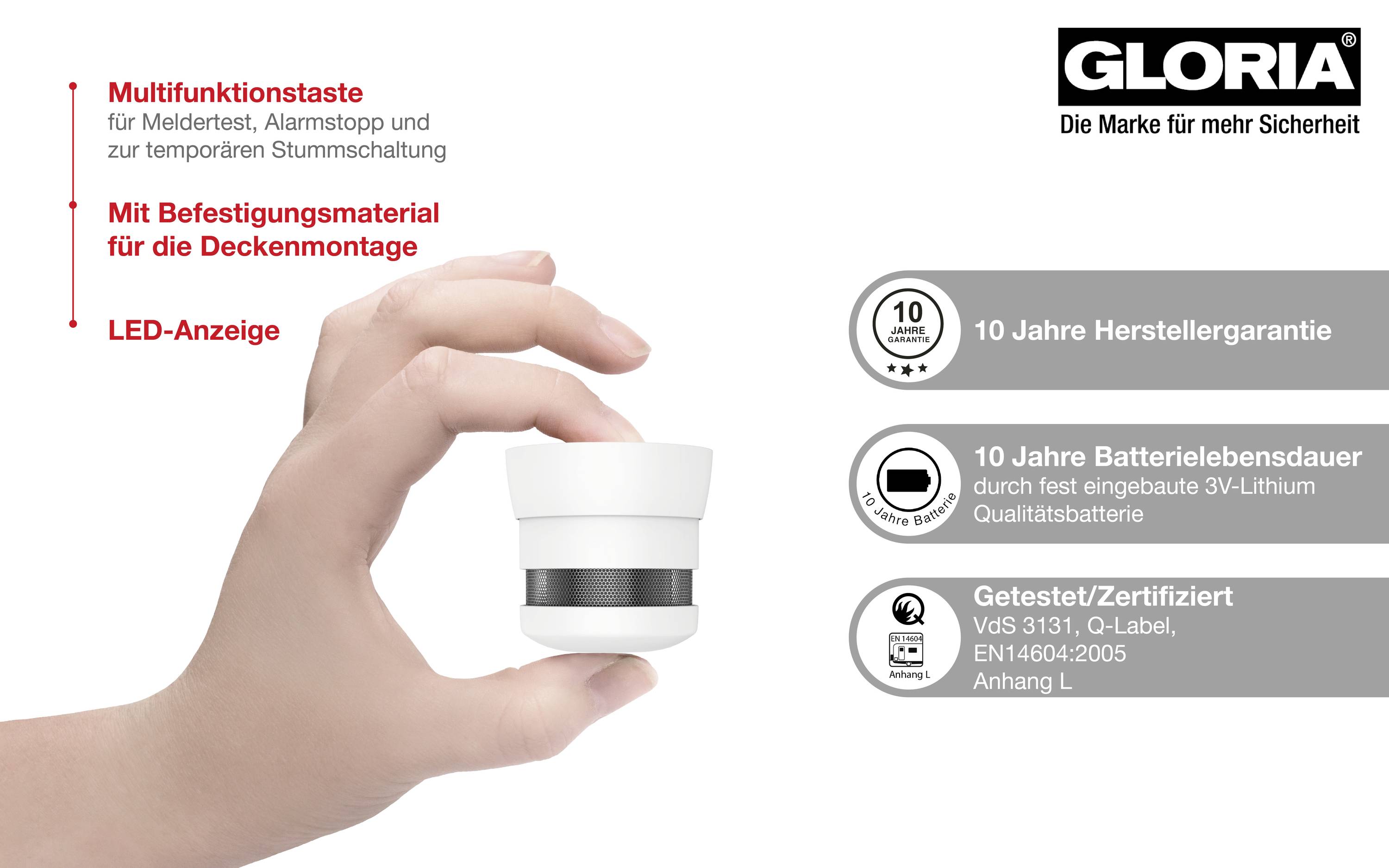 Hand houdt een rookmelder vast. Links tekst over de multifunctionele knop, rechts symbolen voor 10 jaar fabrieksgarantie, batterijlevensduur en certificaten. Bovenaan het logo van Gloria.