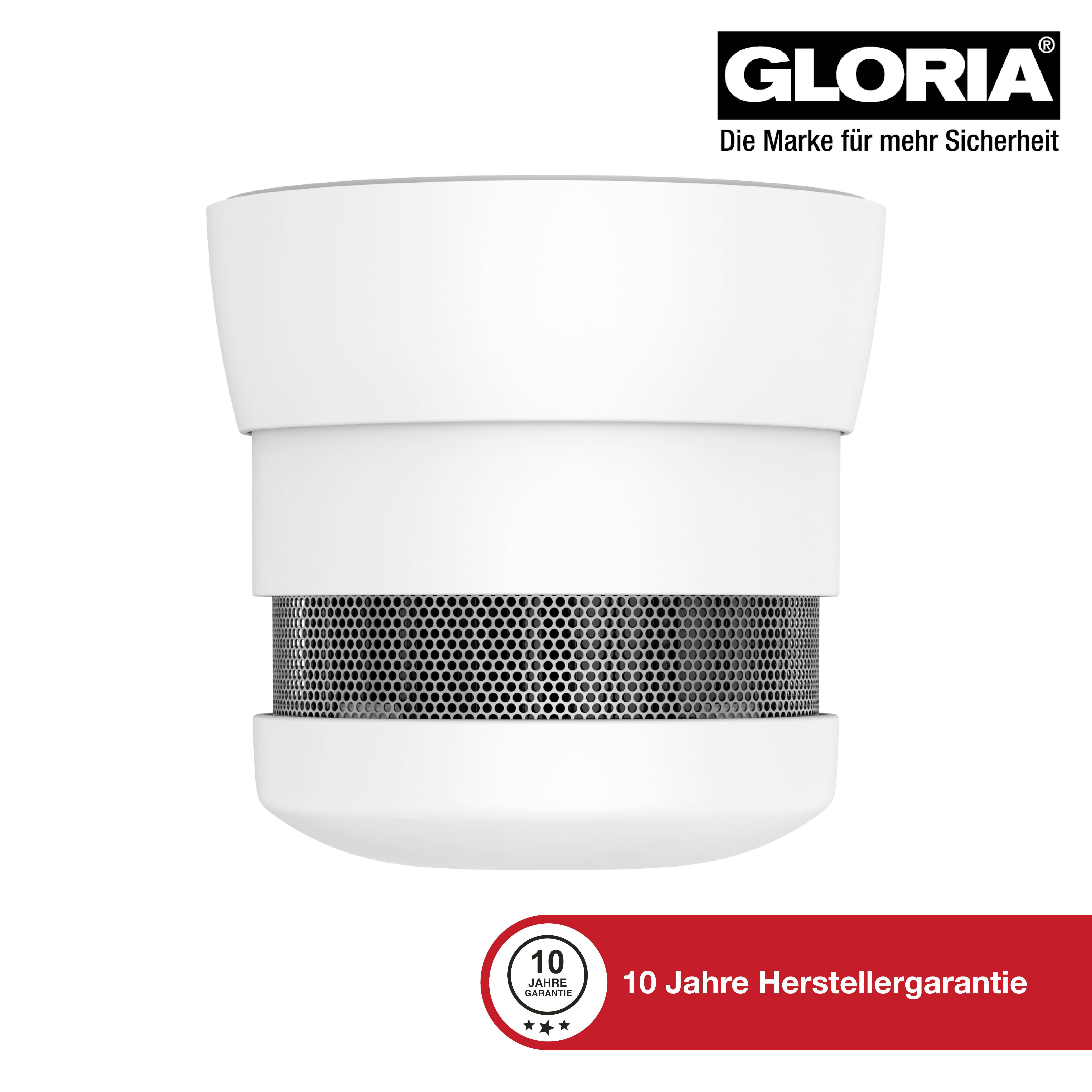 Een witte rookmelder van het merk Gloria. Onderaan staat '10 jaar fabrieksgarantie'.