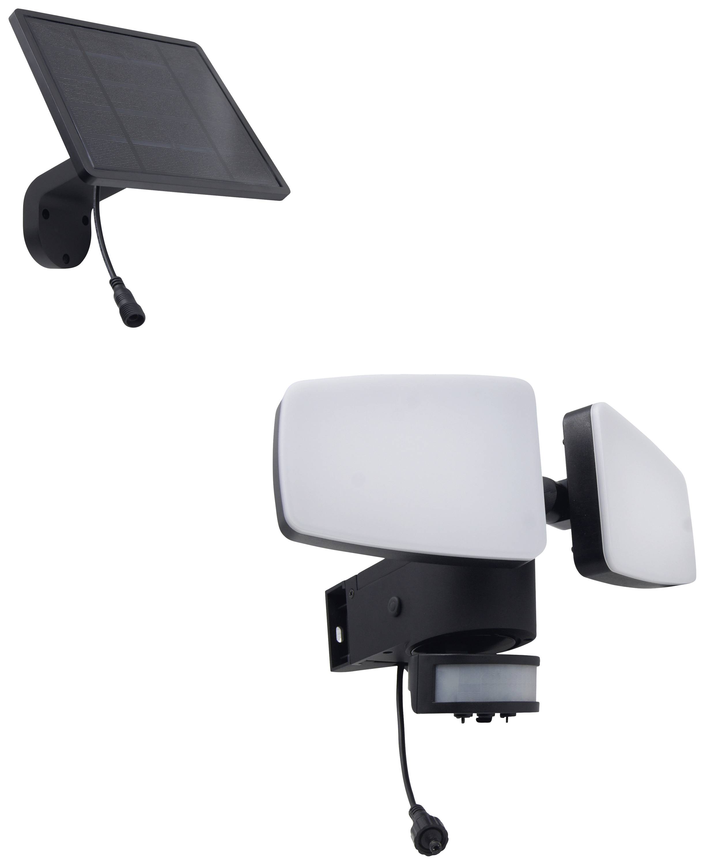 'Buitenlamp met dubbel LED-paneel en bewegingssensor; Zonnepaneel voor energievoorziening.'