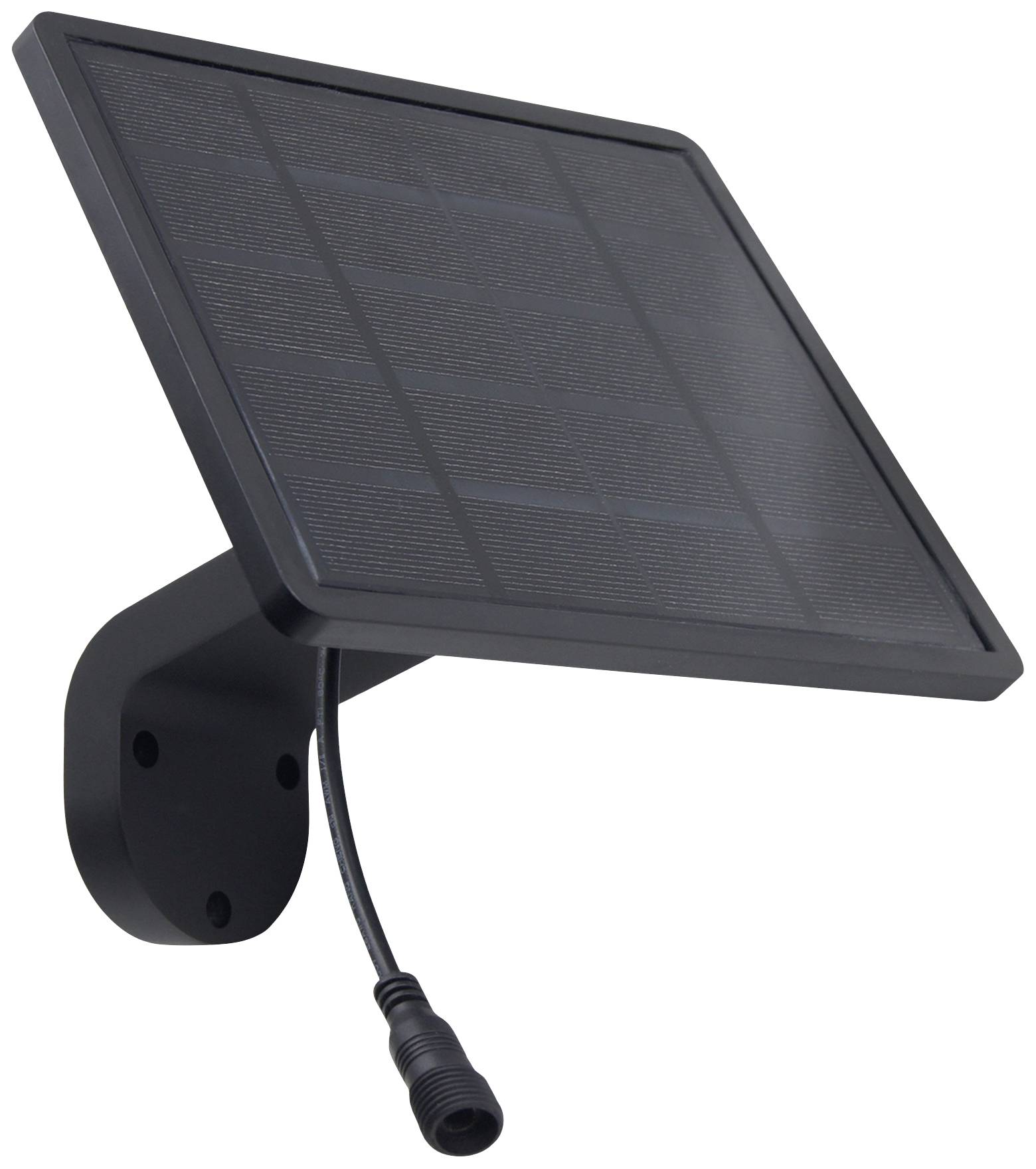 Zwart zonnepaneel met kabel, bevestigd aan een steun; gebruikt voor de stroomvoorziening van kleine apparaten of verlichting met zonne-energie.