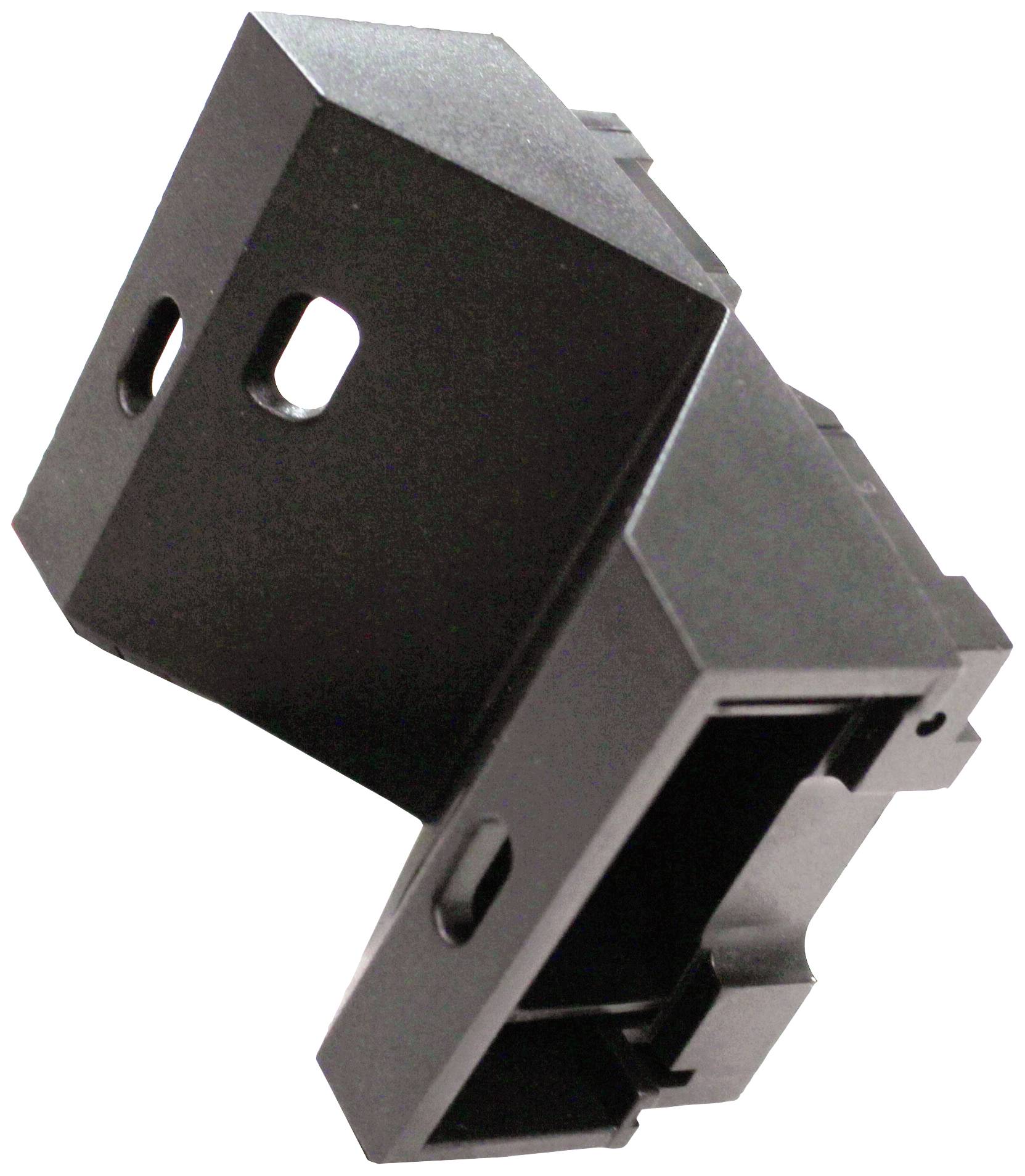 Zwarte kunststof adapter met twee bevestigingsgaten, getoond vanuit een diagonaal perspectief.