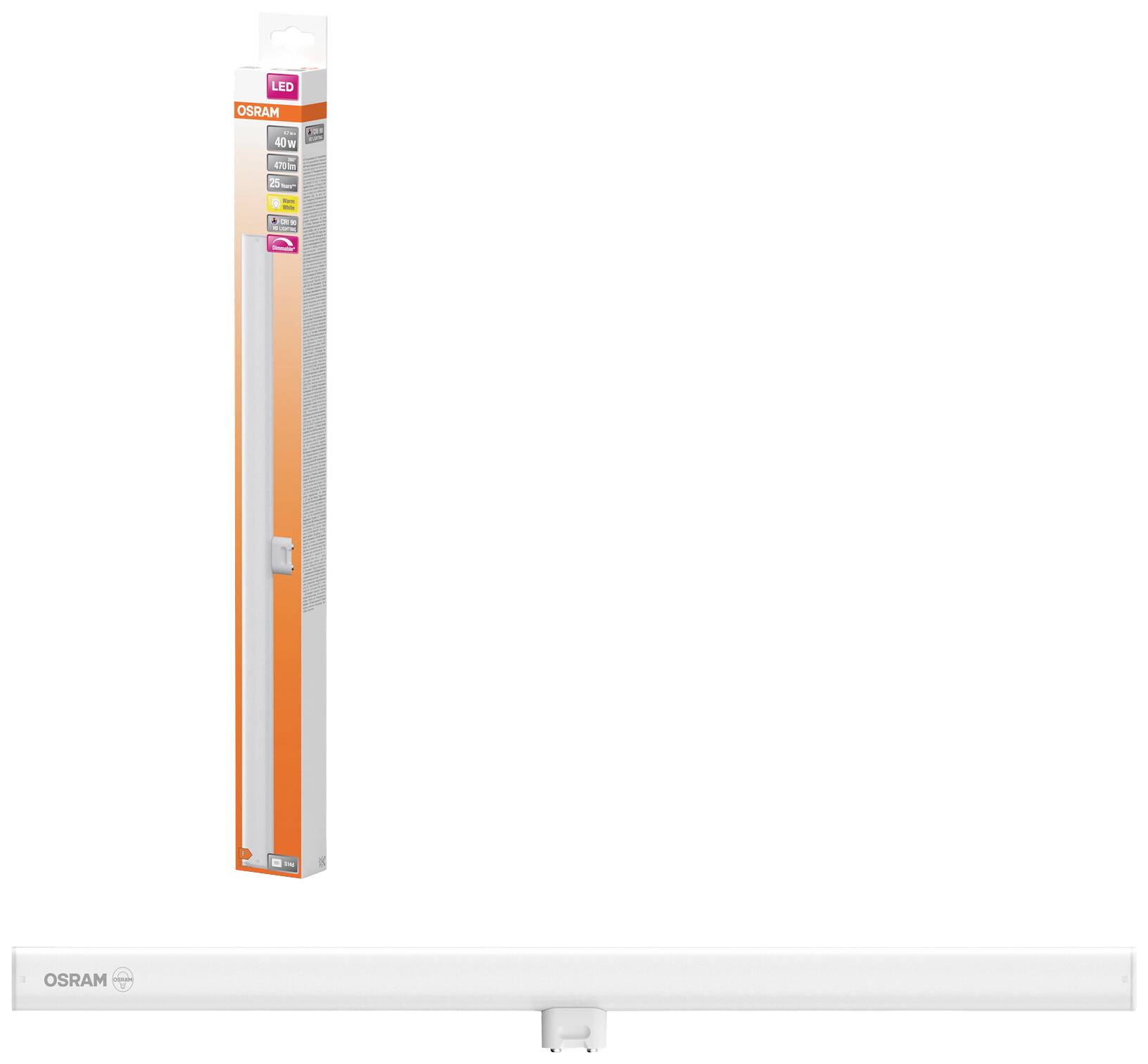 LED-onderbouwlamp van OSRAM in verpakking; smalle, witte lamp voor montage onder planken voor efficiënte verlichting.