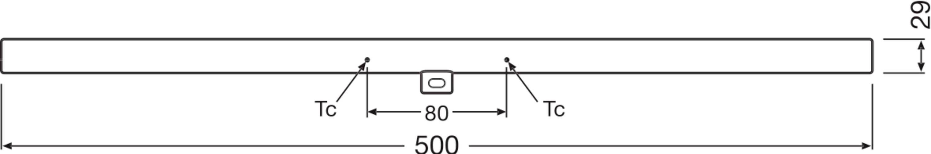 Technische tekening van een ligger met een lengte van 500 mm en een symbool in het midden. De afstand tussen de 'Tc'-markeringen bedraagt 80 mm.