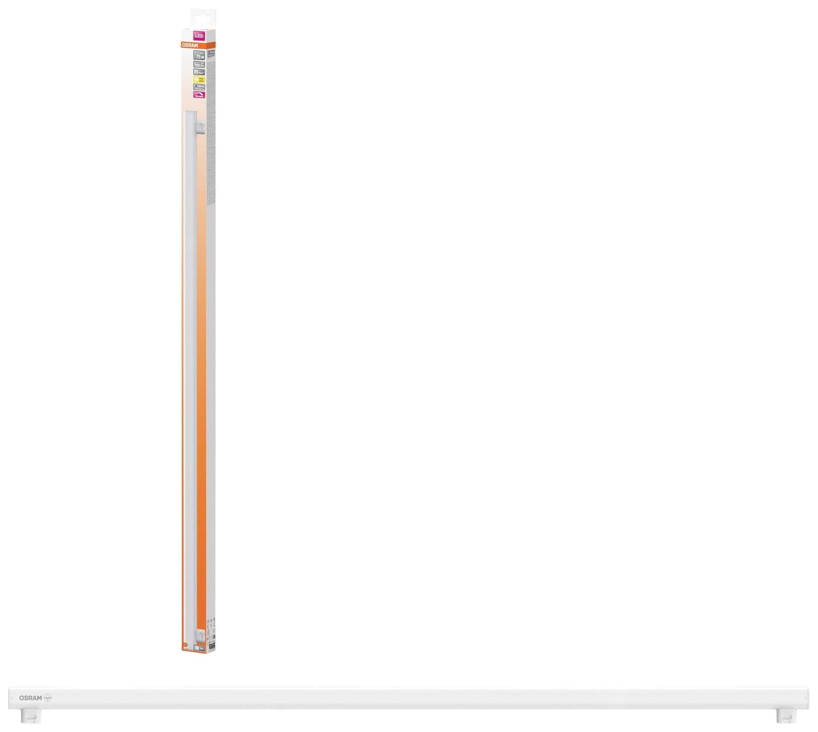 Een lange, witte LED-buis met verpakking. De verpakking toont het merk en productinformaties en is in het oranje uitgevoerd.