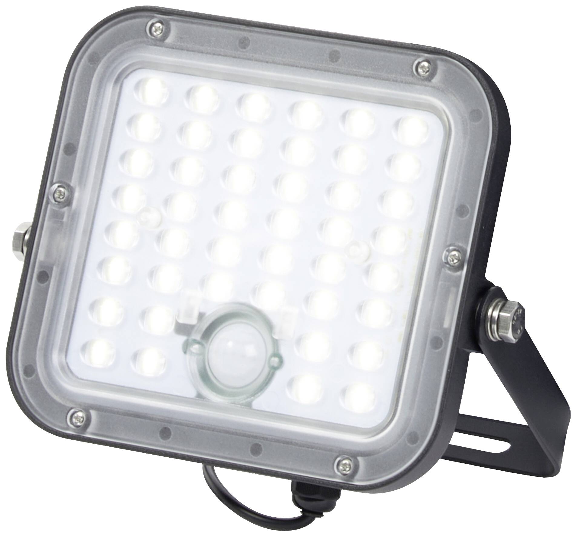 LED-schijnwerper met bewegingsmelder, zwarte behuizing, rechthoekig, geschikt voor wandmontage. Ideaal voor buitenverlichting.