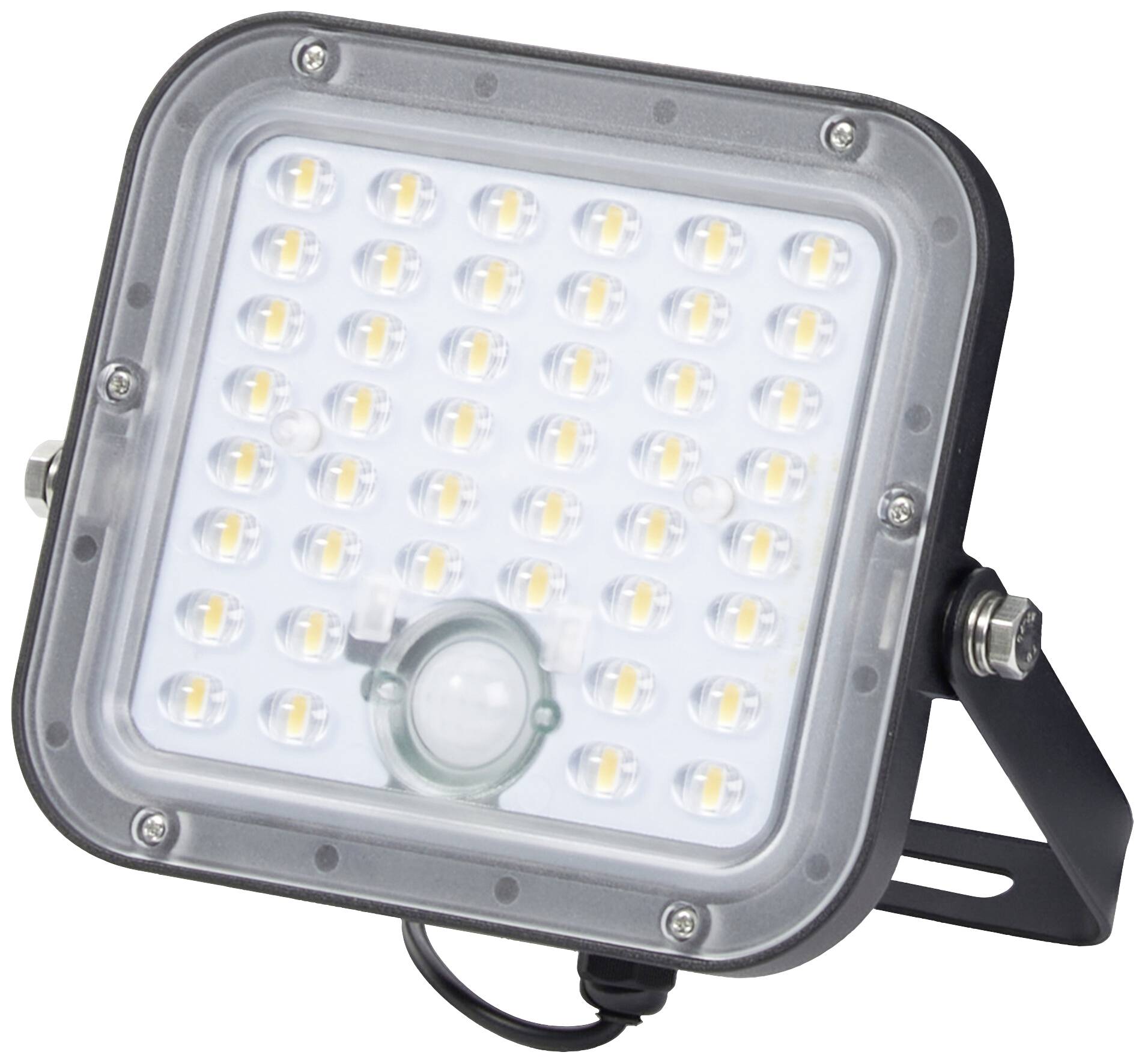 Een vierkante LED-schijnwerper met meerdere kleine lampjes in een rasterpatroon. Hij heeft een beweegbare standaard.