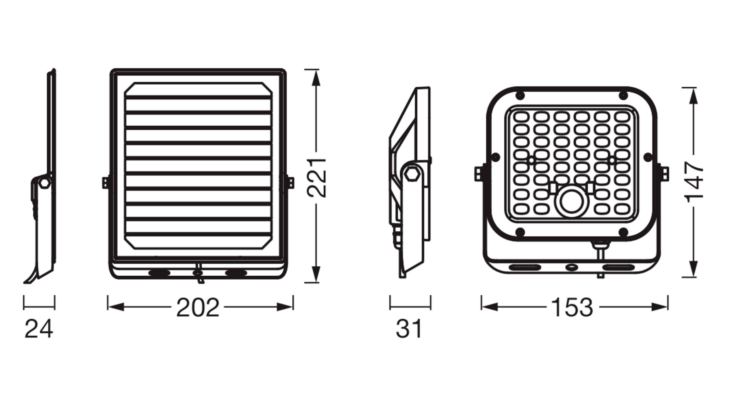 Technische tekening van een vierkante lamp met afmetingen: hoogte 221 mm, breedte 202 mm, diepte 24 mm en 31 mm zijaanzicht.