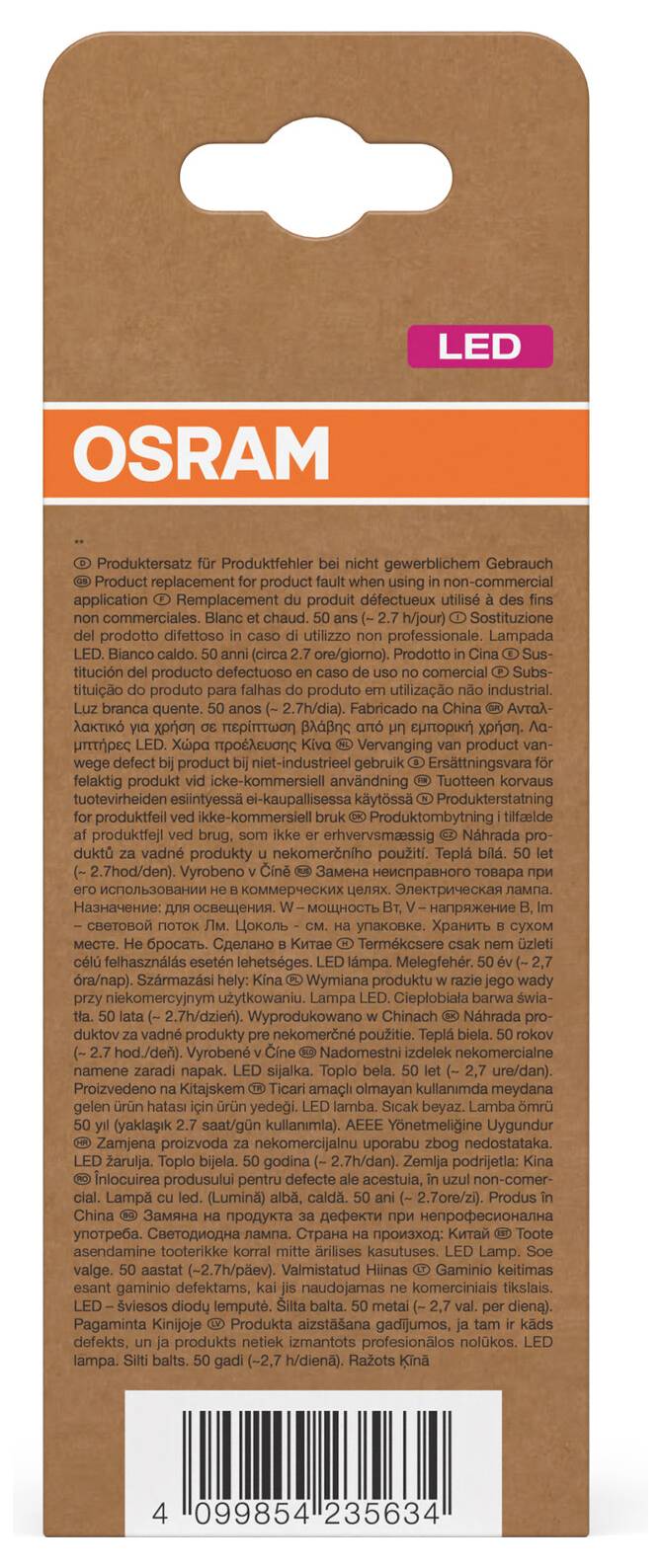 OSRAM LED-lamp verpakking op bruin karton, met oranje OSRAM-label en kleine productgegevens en streepjescode.