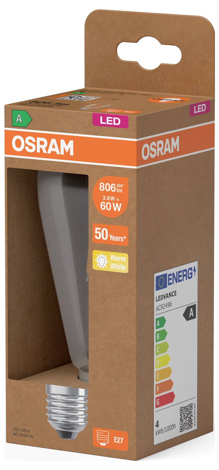 OSRAM LED-gloeilamp in bruine retailverpakking, met 806 lumen, 8,5W, 60W equivalent, warm wit, en een A-energieklasse.