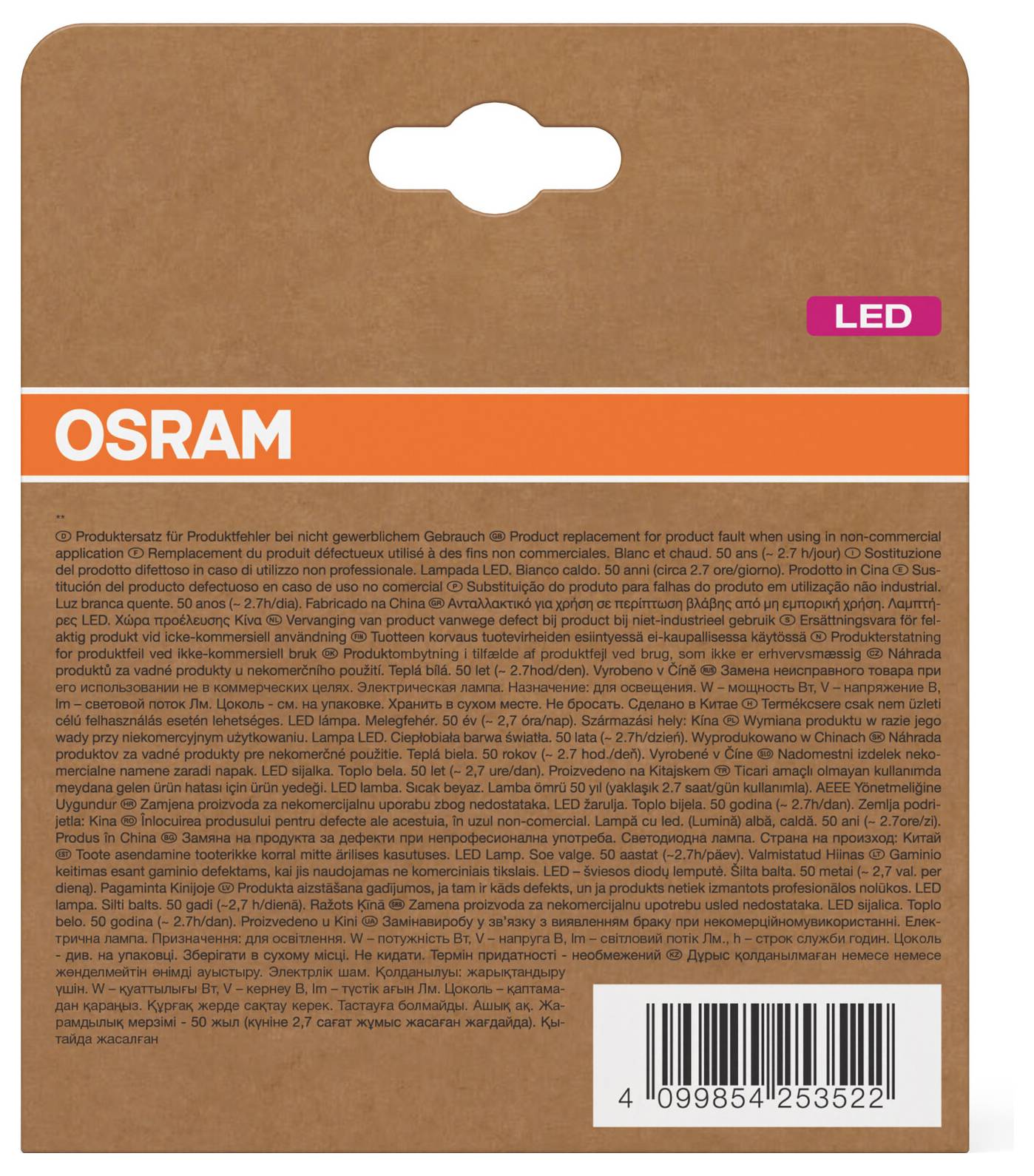OSRAM LED-gloeilamp verpakking, bruine doos met oranje merkband, roze LED-label en barcode onderaan.