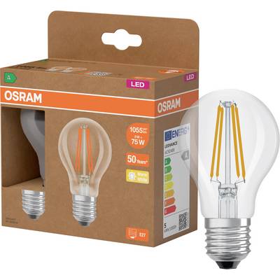 OSRAM LED-gloeilamp verpakking met een heldere gloeilamp ernaast getoond; etiketten geven aan 5W, 75W equivalent, warm wit en E27-fitting.