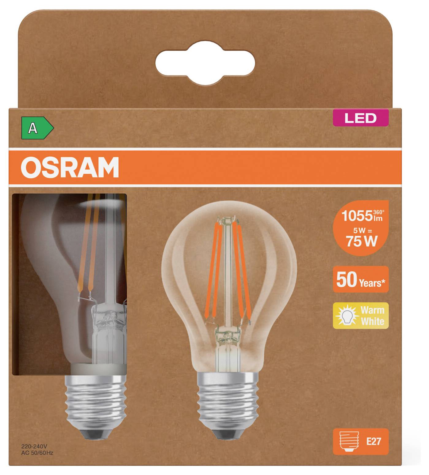 OSRAM LED-gloeilamp verpakking met een E27 warm wit lampje, 75W equivalent, 1055 lumen, 50-jaar levensduurgarantie.