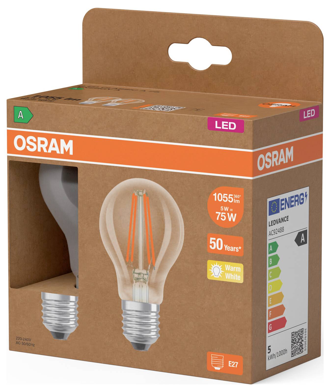 OSRAM LED-gloeilamp in retailverpakking, met een E27-voet, warm wit 75W equivalent, 1055 lm en energielabel A.