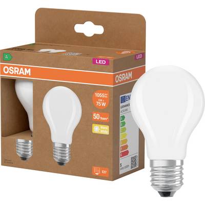 OSRAM LED-gloeilamp verpakking met een witte gloeilamp weergegeven naast de doos, gelabeld 1055 lm, 75W equivalent, warm wit, E27-fitting.