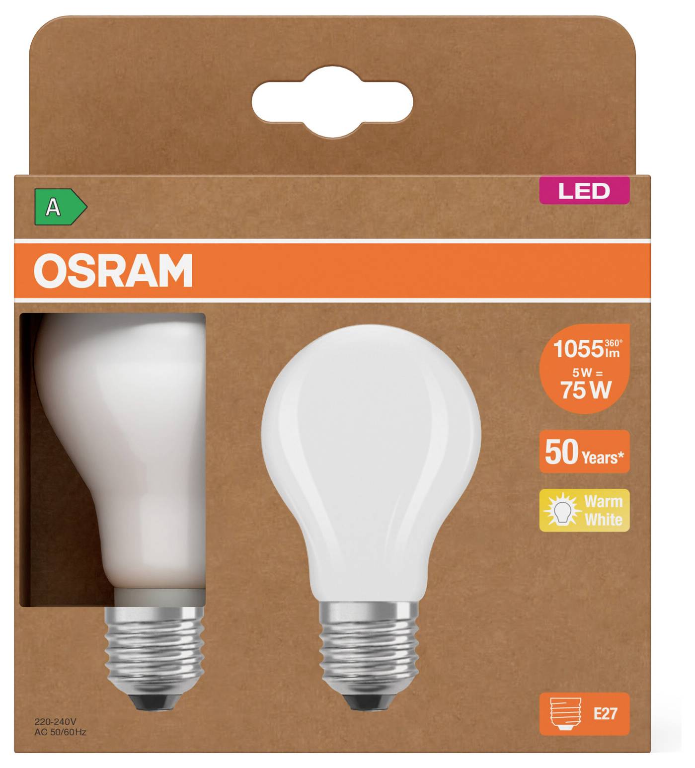 OSRAM LED-gloeilamp verpakking met een E27 warm wit bolletje, 5W equivalent aan 75W, 1055 lumen, levensduur van 50 jaar, energieklasse A.