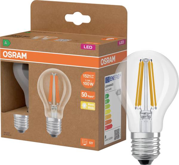 OSRAM HOMELIGHTING 4099854253706 LED-lamp Energielabel A (A - G) E27 Peer 7.2 W = 100 W Warmwit (Ø x h) 60 mm x 60 mm Filament / Retro-LED 2 stuk(s)